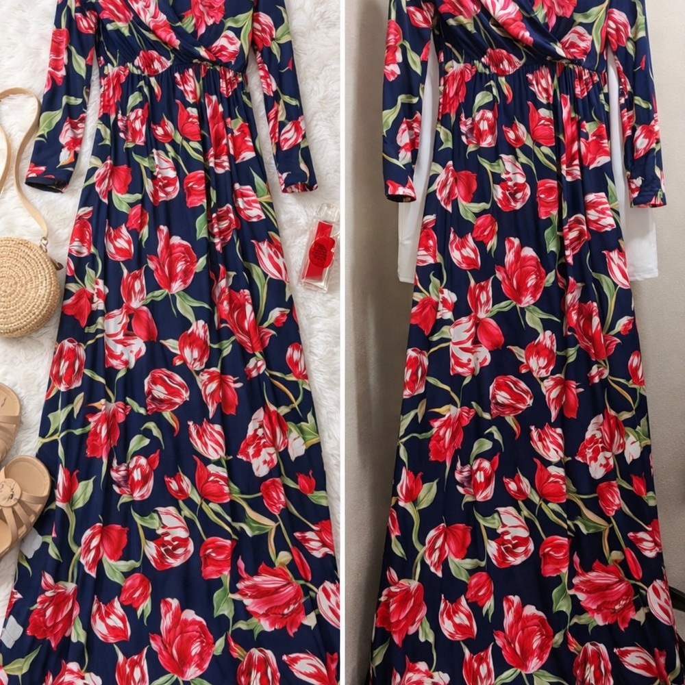 Floral pregnancy Wrap Maxi Dress in Navy and Red